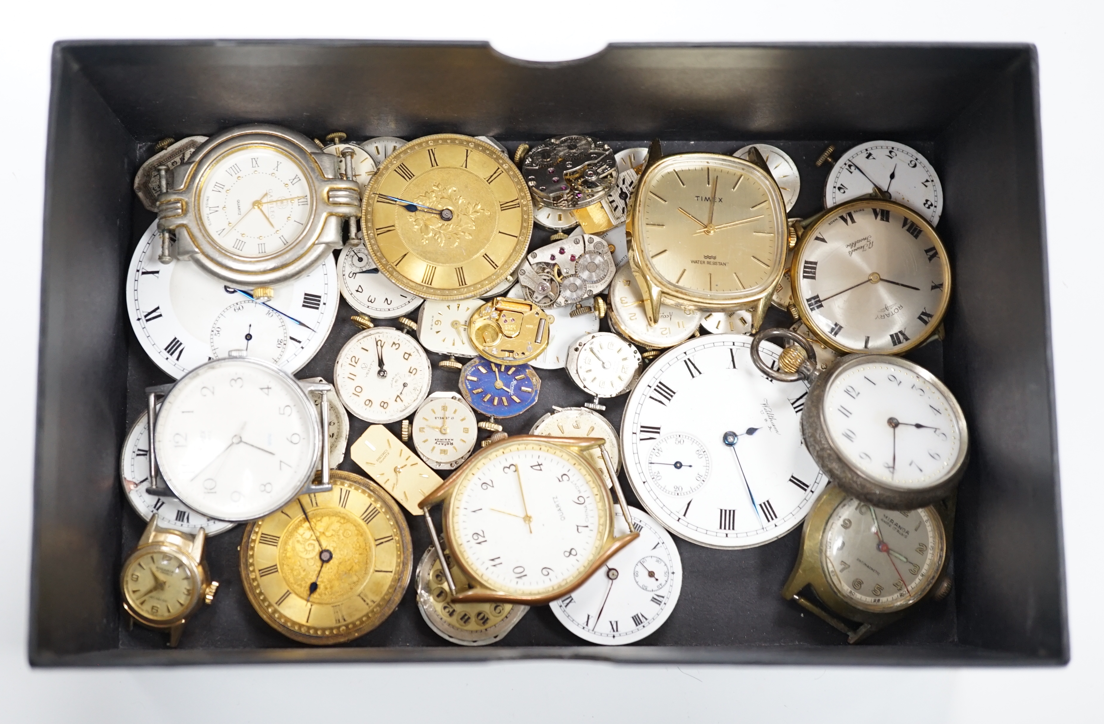 Assorted wrist wand pocket watch movements including Waltham and Rotary and a Swiss 935 standard fob watch.